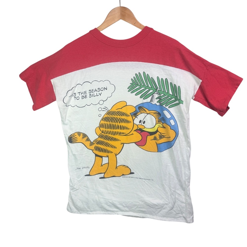 Vintage 1978 Garfield Christmas T-Shirt Flirts Red White Colorblock XL S.‎ Stich